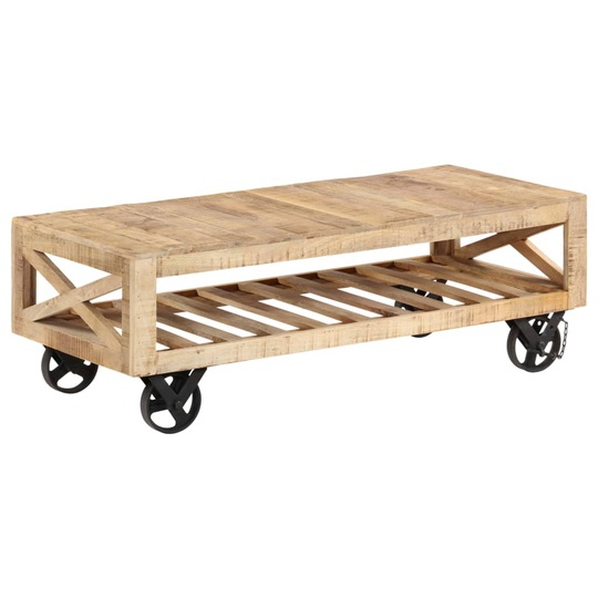 vidaXL sofabord med hjul massivt mangotræ 110 x 50 x 37 cm