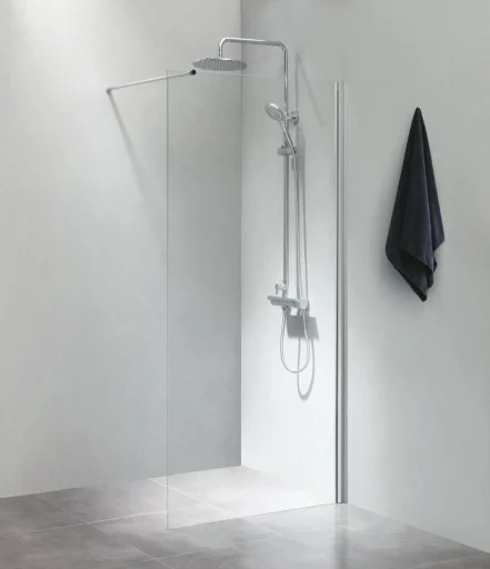 Cassøe SLIM Dusjvegg 70 cm m/Forhengsstang 100 cm, Klart glass/Blank profil