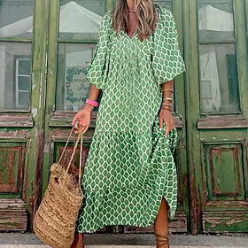 langkjole for kvinner maxi-kjole grønn 3/4-ermet geometrisk patchwork vinter høst høst v-hals løs passform 2023 s m l xl