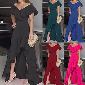 kvinners semi-formelle festkjole lang kjole maxi kjole grønn vin fuchsia mørkeblå svart kortermet ren farge volang pluss høy lav høst vår v-hals elegant formel