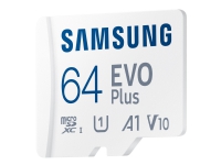 Samsung EVO Plus MB-MC64KA - Flashhukommelseskort (microSDXC til SD adapter inkluderet) - 64 GB - A1 / Video Class V10 / UHS-I U1 / Class10 - microSDXC UHS-I - hvid