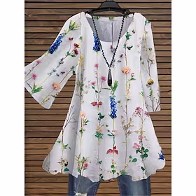 dametopper bluse skjorte med blomster sommerfugltrykk 3/4-lengde ermer med rund hals streetwear daglig ferie bomull spandex jersey høst vinter svart grå
