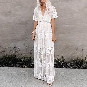 festkjole for kvinner blondekjole slirekjole lang kjole maxi kjole hvit kortermet ren farge høst vår sommer dyp v s m l xl xxl