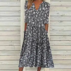 Dame Uformell kjole Tubekjole Floral kjole Midikjole Svart Halvlange ermer Blomstret Rynket Vår Sommer V-hals Fritid Helg 2023 S M L XL XXL 3XL
