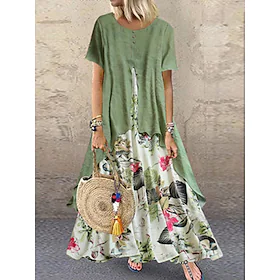 kvinners fritidskjole linkjole swingkjole lang kjole maxi kjole grønn lilla gul kortermet floral patchwork vår sommer rund hals mote ferie løs passform 2023 m