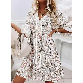 Dame Etnisk kjole Boho-kjole Mini kjole Hvit 3/4 ermer Blomstret Blonde Vinter Høst V-hals Årgang Daglig Feriereise Sommerkjole Løstsittende 2023 S M L XL XXL
