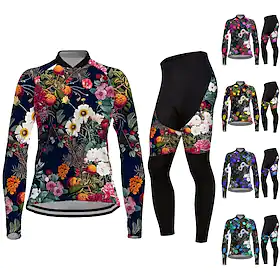21Grams Dame Sykkeljersey med tights Langermet Fjellsykling Veisykling Svart Grønn Lilla Grafisk Blomster botanikk Sykkel Hold Varm 3D Pute Pustende Hurtigtørk