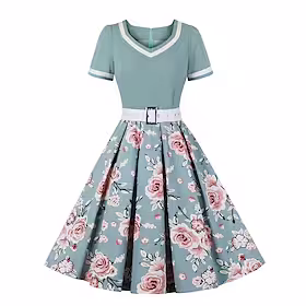 kvinners en linje kjole knelang kjole rosa kortermet blomster prikkete trykk høst vinter v-hals elegant romantisk vintage 2022 4xl
