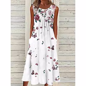 Dame Uformell kjole Midikjole Hvit Grønn Grå Ermeløs Blomstret Rynket Vår Sommer Crew-hals Grunnleggende Helg 2023 S M L XL XXL 3XL
