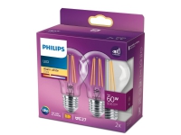 Philips - LED-filament-lyspære - form: A60 - klar finish - E27 - 7 W (tilsvarende 60 W) - klasse E - varmt hvidt lys - 2700 K (pakke med 2)