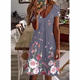 Dame Uformell kjole Skiftkjole Floral kjole Mini kjole Lyseblå Hvit Lysegrønn Kortermet Blomstret Trykt mønster Vår Sommer V-hals Grunnleggende Daglig Helg 202