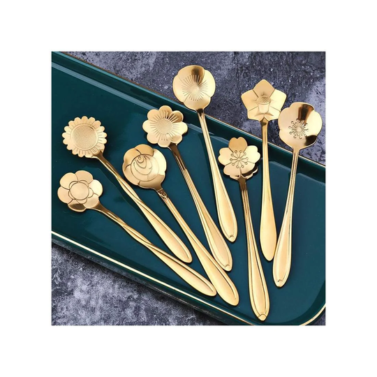 8x Dessertskeer, Blomster - Guld