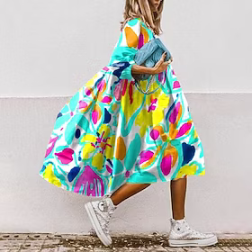 Dame Uformell kjole Swingkjole Boho-kjole Mini kjole Vin Lys Rød Blå 3/4 ermer Blomstret Rynket Vinter Høst Rund hals Bohem 2023 S M L XL XXL