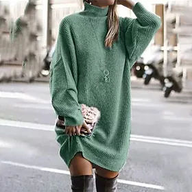damegenser kjole vinterkjole grønn khaki lys grå lyseblå langermet ren farge strikk vinter høst turtleneck basic casual passform 2022 s m l xl xxl 3xl 4xl
