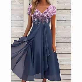 Dame Uformell kjole Blonde kjole Tubekjole Midikjole Svart Blå Lilla Kortermet Blomstret Rynket Høst Vår Sommer V-hals Stilfull Feriereise Helg 2023 S M L XL X
