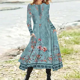 Dame Uformell kjole Swingkjole Midi kjole Midikjole Blå Langermet Blomstret Lomme Vinter Høst Rund hals Ferie Vinter kjole Høst kjole 2023 S M L XL XXL 3XL