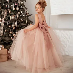 barn små jenter tutu blomsterkjole ensfarget fest bryllup spesiell anledning ryggløs rynket mesh rosa blonder maxi ermeløs elegant prinsesse vakker støvet rose