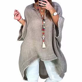 dametopper bluse ensfarget asymmetrisk 3/4-lengde ermer v-hals streetwear daglig helg lin høst hvit grå