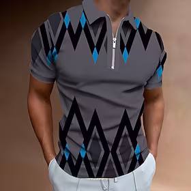 Herre POLO T-skjorte Golf skjorte Zip Polo Grafiske trykk Geometri Aftæpning Grå utendørs Gate Kort Erme Glidelås Trykt mønster Klær Mote Designer Fritid Puste
