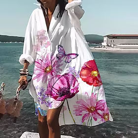 Dame Skjortekjole Uformell kjole Swingkjole Maxikjole utendørs Vinter kjole Daglig Polyester Ferie Fritid Skjortekrage Høy Lav kjole Trykt mønster Langermet Vi
