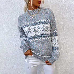 Dame Pullover genser Jumper Riflet Strikke Strikket Snøfnugg Rullekrage Gammeldags stil Daglig Ferie Vinter Høst Rosa Blå S M L
