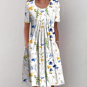Dame Uformell kjole Midikjole Hvit Kortermet Blomstret Rynket Vår Sommer Crew-hals Ferie Løstsittende 2023 S M L XL XXL 3XL