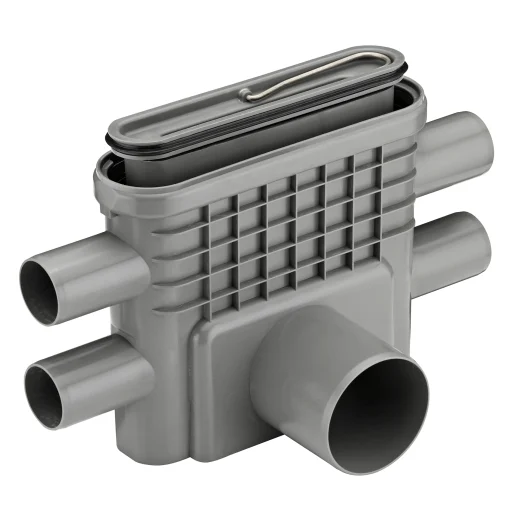 Unidrain 1413 Utløpshus Ø75mm Vannrett m/Vannlås & 4 Sideinnløp - Innbyggingshøyde 178 mm