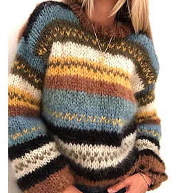 Dame Pullover genser Jumper Riflet Strikke Strikket Stripet Crew-hals Stilfull Fritid utendørs Daglig Vinter Høst Grønn Blå S M L