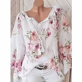 Dame Pluss størrelse Topper Bluse Skjorte Blomstret Trykt mønster Langermet V-hals Gatemote Daglig Feriereise Bomull Høst Vår Grønn Hvit / Store størrelser / S