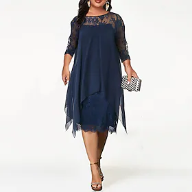 kvinners plus size kurvet festkjole rund hals blonder 3/4 lengde ermer høst vårarbeid uformell vintage ballkjole knelang kjole fest feriekjole / sommer