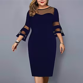 kvinners plus size kurve festkjole ensfarget rund hals mesh 3/4 lengde erme høst vårarbeid vintage midi kjole daglig ferie kjole / sommer