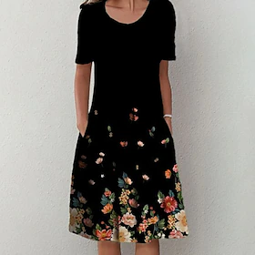 Dame Uformell kjole Skiftkjole Midikjole Svart Kortermet Blomstret Rynket Vår Sommer Crew-hals Grunnleggende Daglig Feriereise Helg 2023 S M L XL XXL 3XL
