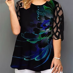 Dame Pluss størrelse Topper T skjorte Blomstret Fargeblokk Blonde Trykt mønster Halvlange ermer Crewneck Gatemote Daglig Ut på byen Polyester Høst Vår Grønn Bl