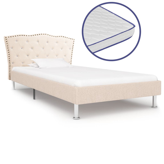 vidaXL seng med madras i memoryskum 90 x 200 cm stof beige