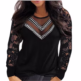 dametopper bluse vanlig blonder patchwork langermet v-hals basic streetwear daglig gå ut bomull vår høst svart rød
