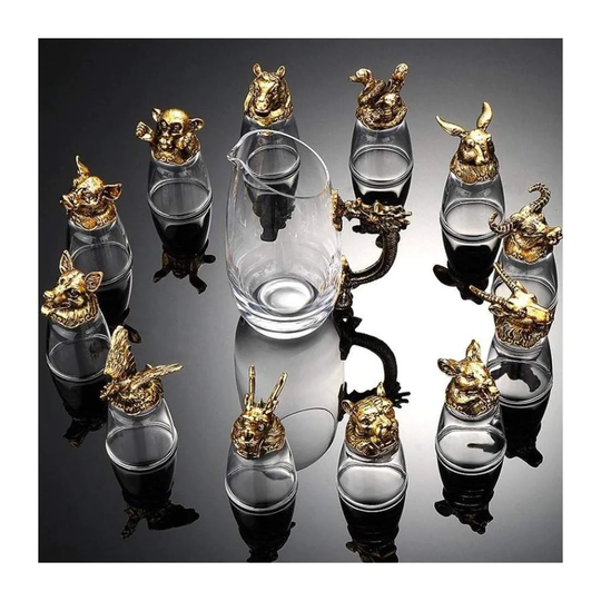 Chinese Zodiac, Karaffelsæt med 12x Glas - Guld
