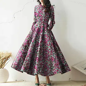 dame slirekjole svingkjole lang kjole maxi kjole lilla gul rød langermet floral rynket vinter høstmote vinterkjole høstkjole 2023 s m l xl xxl 3xl 4xl 5xl