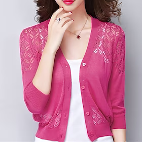 Dame Bolero Strikket Knapp Ren farge Stilfull Elegant Fritid 3/4 ermer Genser og cardigans V-hals Vår Sommer Blå Hvit Svart