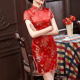 Dame Uformell kjole Cheongsam-kjole Midikjole Svart Rosa Vin Kortermet Blomstret Broderi Vår Sommer Kinesisk Krave Elegant Bryllupsgjest Helg Vårkjole 2023 S M