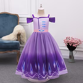 frossen elsa barn jentekjole geometrisk festkjole ytelse rund hals langermet prinsessekjole 3-12 år vinter lilla