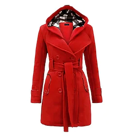 Dame Trenchcoat Hettegenser Dagligdagstøy Vinter Lang Frakk Normal Elegant og moderne Jakker Langermet Svart Lilla Rød / Ull