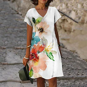 Dame Uformell kjole Skiftkjole Floral kjole Midikjole Hvit Kortermet Blomstret Trykt mønster Vår Sommer V-hals Fritid Helg 2023 S M L XL XXL 3XL