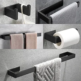 sett med baderomstilbehør, selvklebende, matt svart rustfritt stål, inkluderer kappekrok, håndklestang, håndkleholder, toalettpapirholder, for hjem og hotell