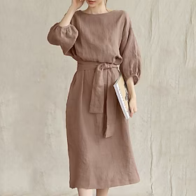 dame lin kjole midikjole grønn blå brun 3/4 lengde erme ren farge med belte vinter høst mote løs passform 2023 s m l xl xxl 3xl 4xl 5xl