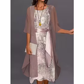 Dame Kjolesett Todelt kjole Kjole med A-linje Midikjole Rosa Lilla Halvlange ermer Blomstret Rynket Høst Vår Crew-hals Elegant 2023 S M L XL XXL 3XL