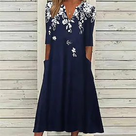 Dame Uformell kjole Midikjole Navyblå Halvlange ermer Blomstret Lomme Høst Vår V-hals Ferie Daglig Feriereise 2023 S M L XL XXL 3XL