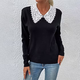 Dame Pullover genser Jumper Riflet Strikke Lapper Strikket Fargeblokk Skjortekrage Stilfull Fritid utendørs Daglig Drop Shoulder Vinter Høst Grønn Rosa S M L /
