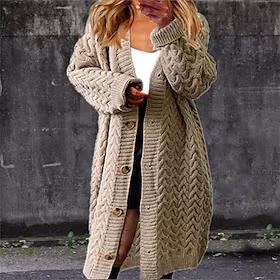 Dame Cardigan Genser Jumper Kabel Tykk Strikke Knapp Helfarge V-hals Stilfull Fritid utendørs Daglig Vinter Høst Gul Kakifarget S M L