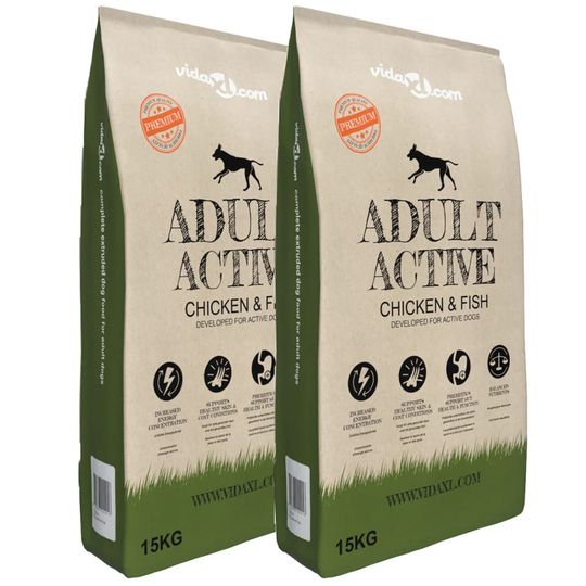 vidaXL luksustørfoder til hund Adult Active Chicken & Fish 2 stk. 30 kg