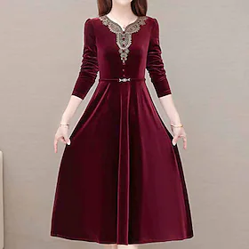 kvinners fløyelskjole rød swingkjole midikjole vin svart langermet blomsterbrodert fløyel vinter høst v-hals elegant høstkjole 2023 m l xl xxl 3xl 4xl vinterkj